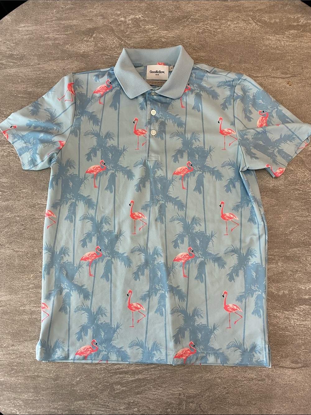 Goodfellow & Co Light Blue Polo with Pink Flamingo Print
